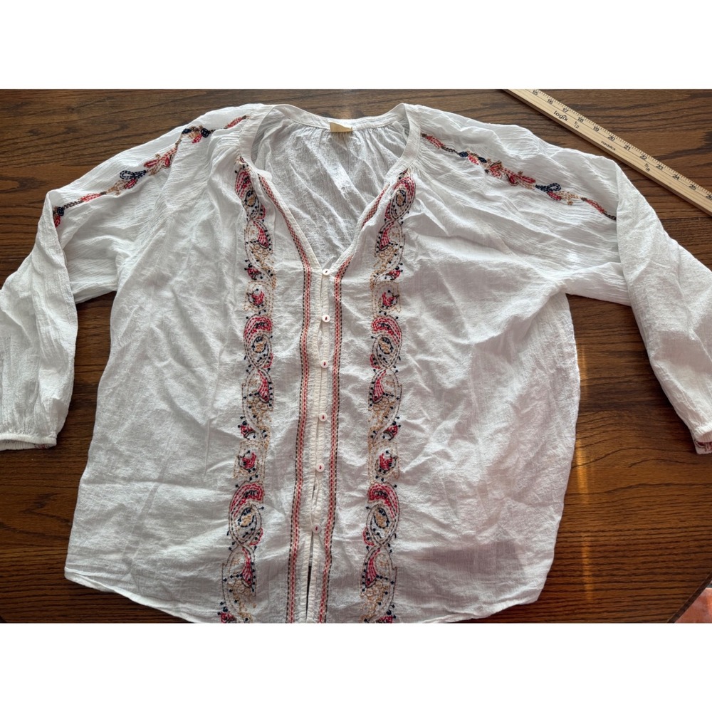 Good Hart Womens White Gauze Embroidered Paisley Peasant Blouse Top Large